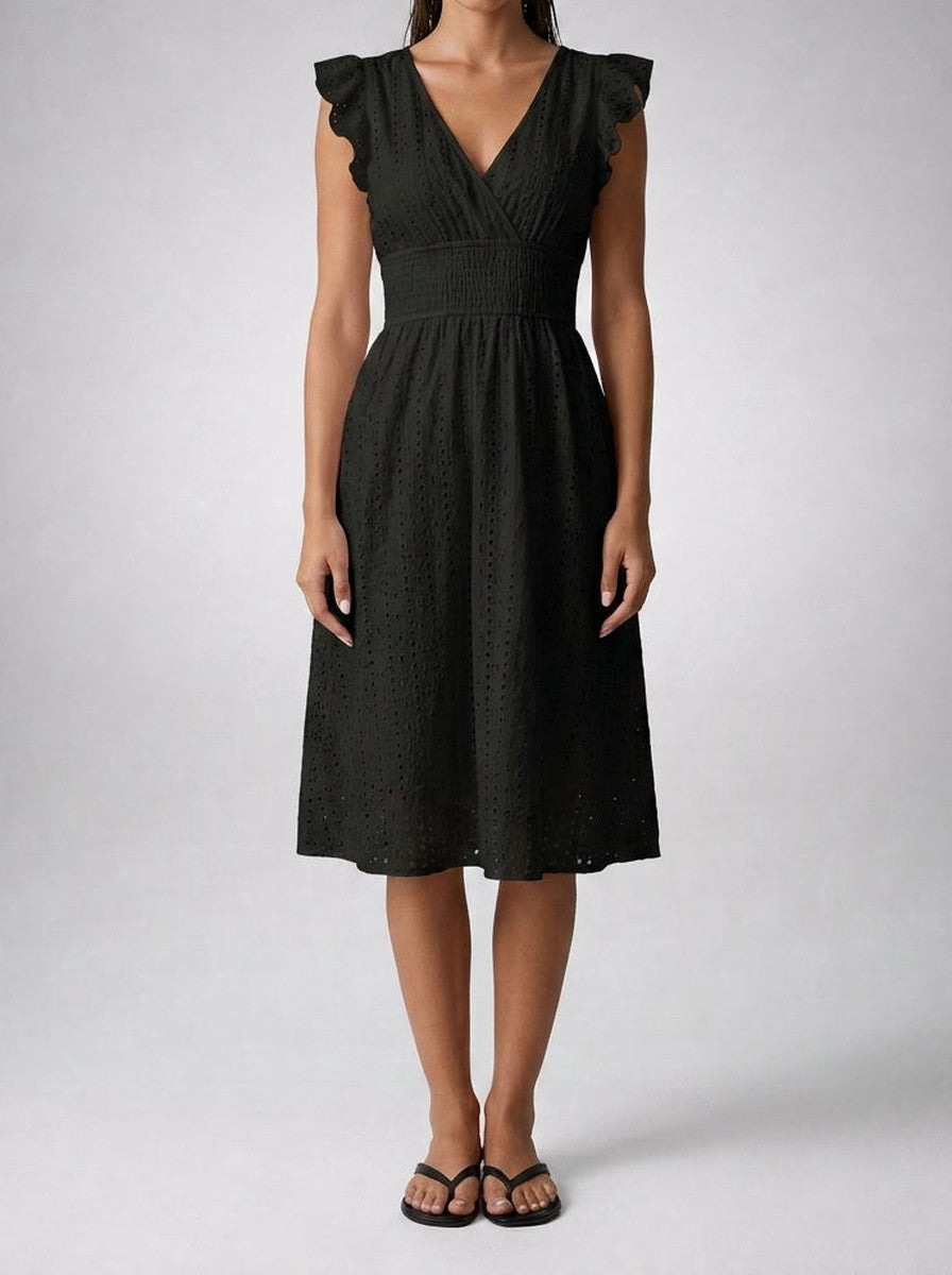 Women's Midi Dress with Broderie Anglaise – V-Neck and Short Ruffled Sleeves