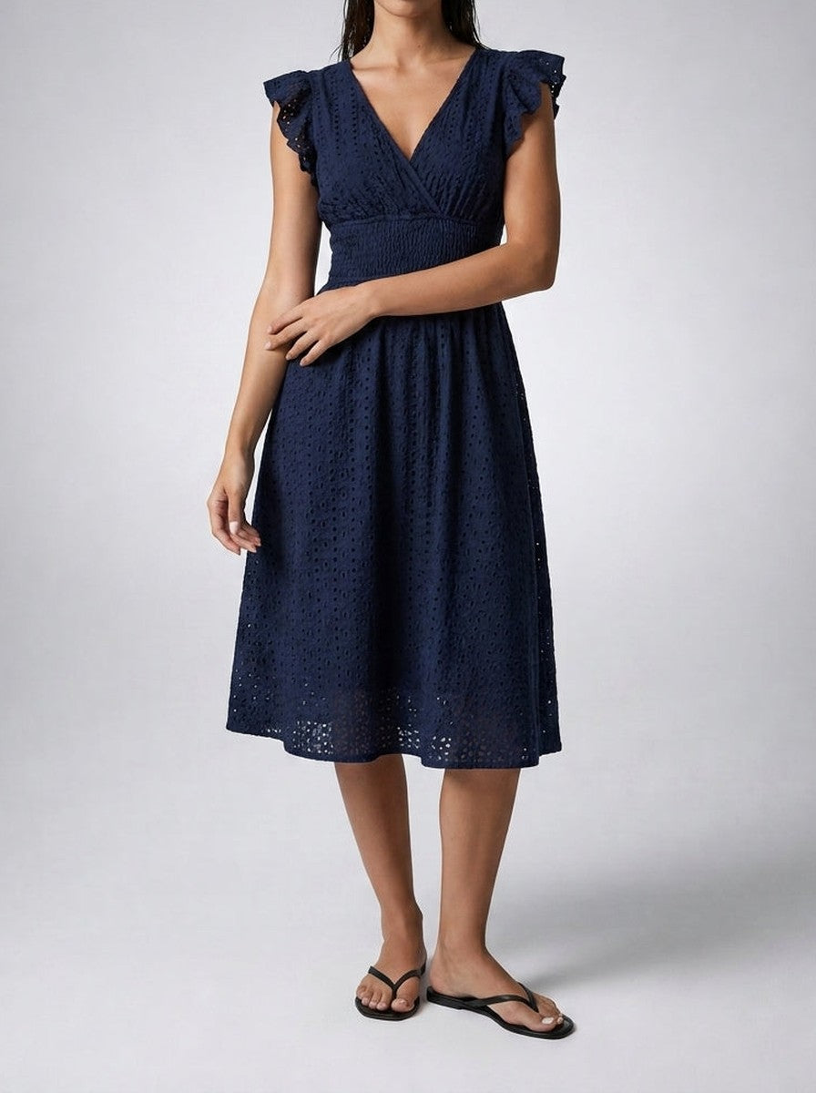 Women's Midi Dress with Broderie Anglaise – V-Neck and Short Ruffled Sleeves