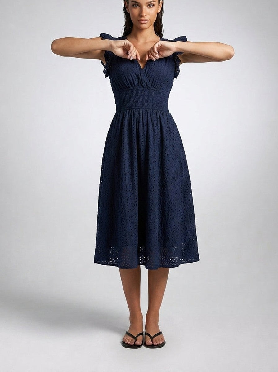 Women's Midi Dress with Broderie Anglaise – V-Neck and Short Ruffled Sleeves