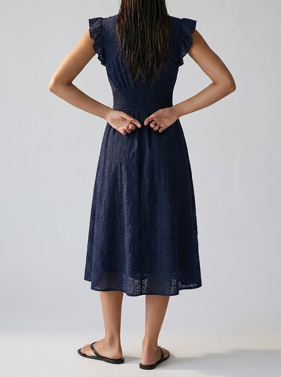 Women's Midi Dress with Broderie Anglaise – V-Neck and Short Ruffled Sleeves