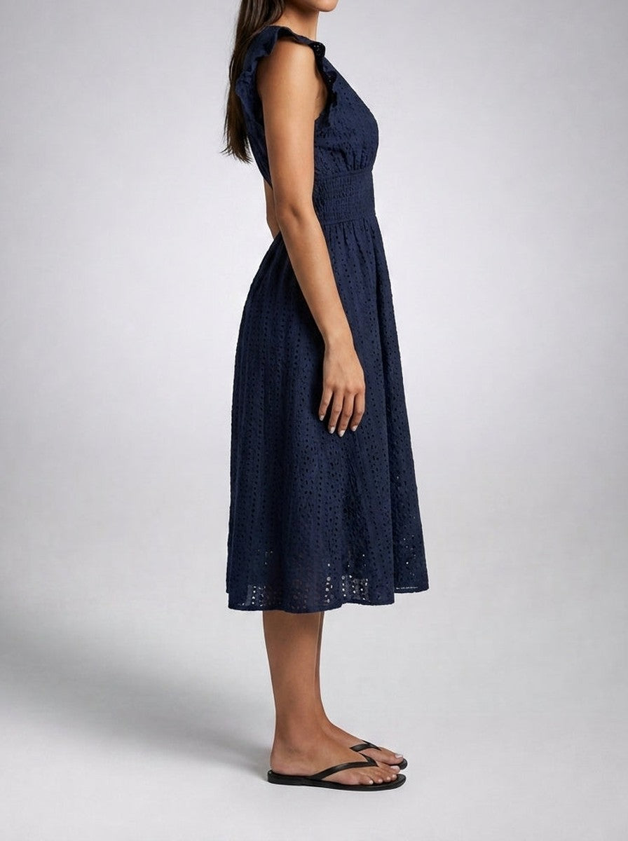 Women's Midi Dress with Broderie Anglaise – V-Neck and Short Ruffled Sleeves
