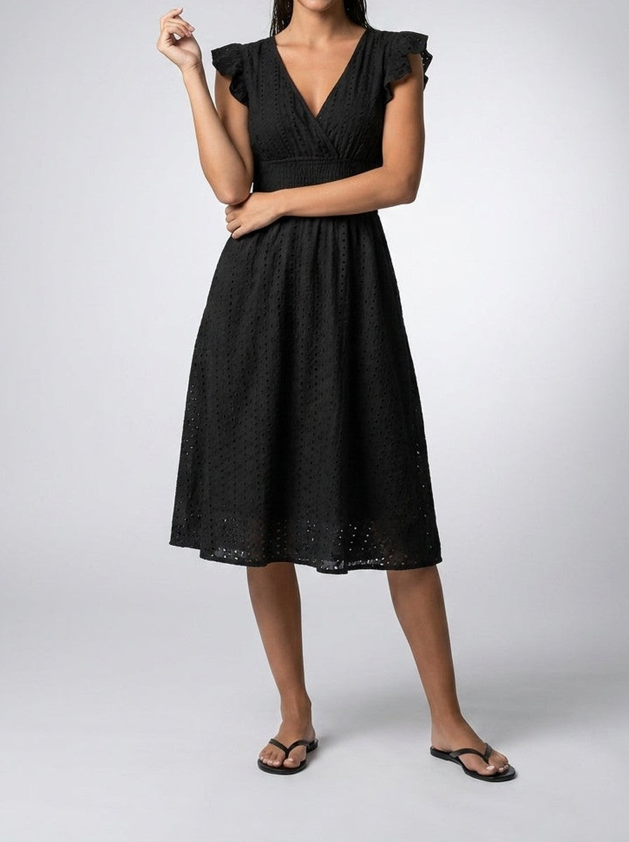 Women's Midi Dress with Broderie Anglaise – V-Neck and Short Ruffled Sleeves