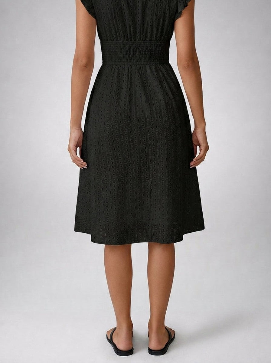 Women's Midi Dress with Broderie Anglaise – V-Neck and Short Ruffled Sleeves