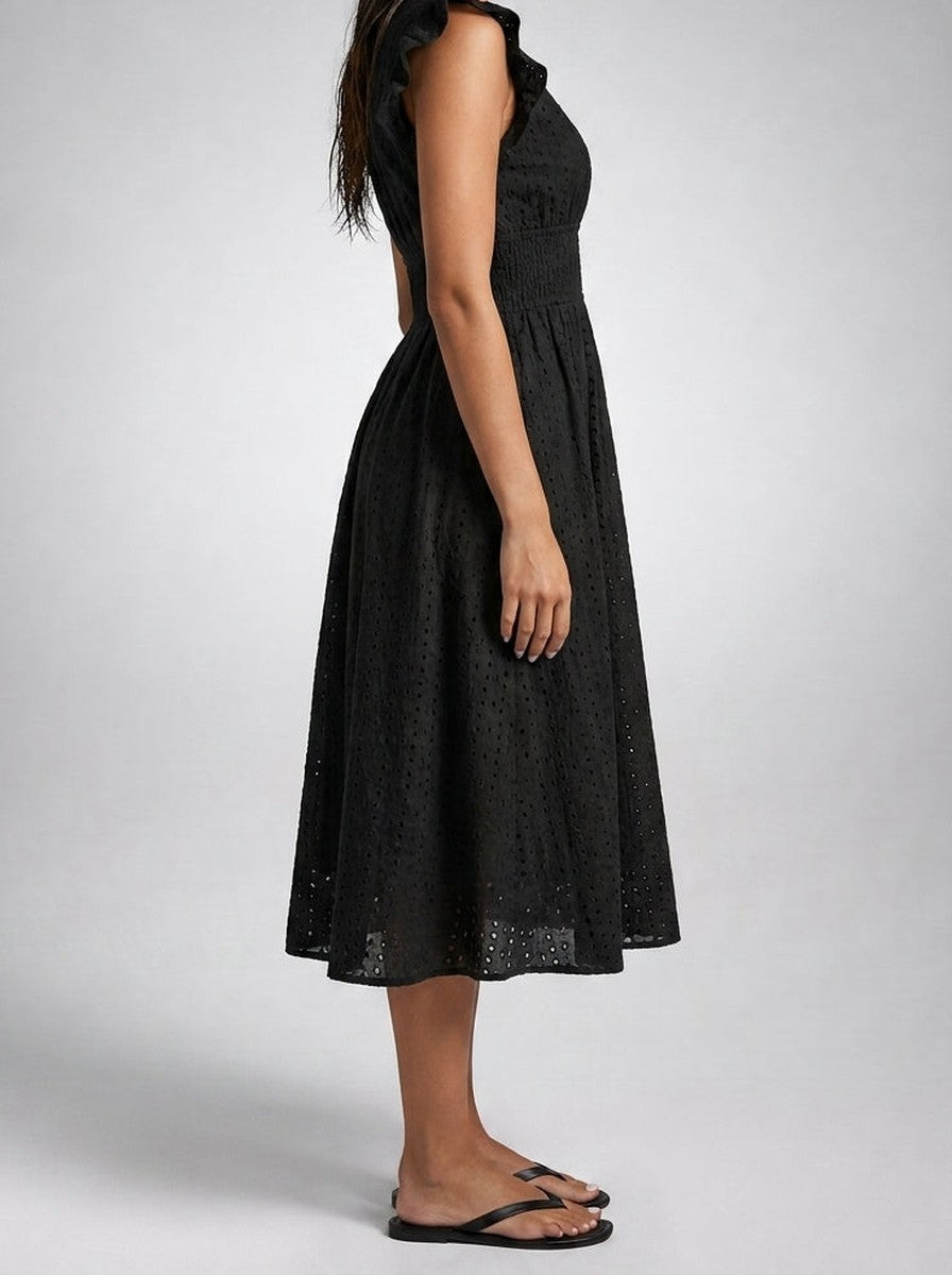 Women's Midi Dress with Broderie Anglaise – V-Neck and Short Ruffled Sleeves