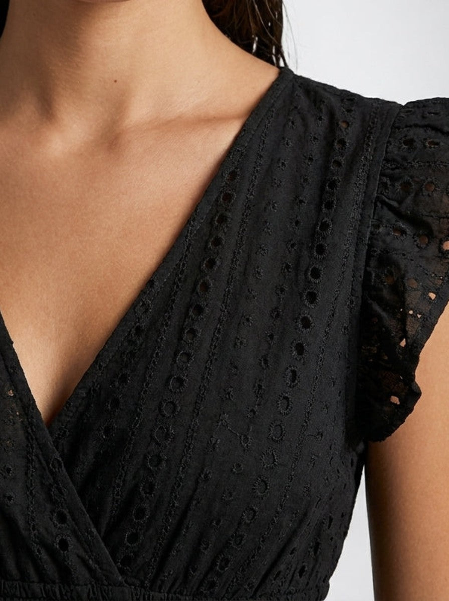 Women's Midi Dress with Broderie Anglaise – V-Neck and Short Ruffled Sleeves