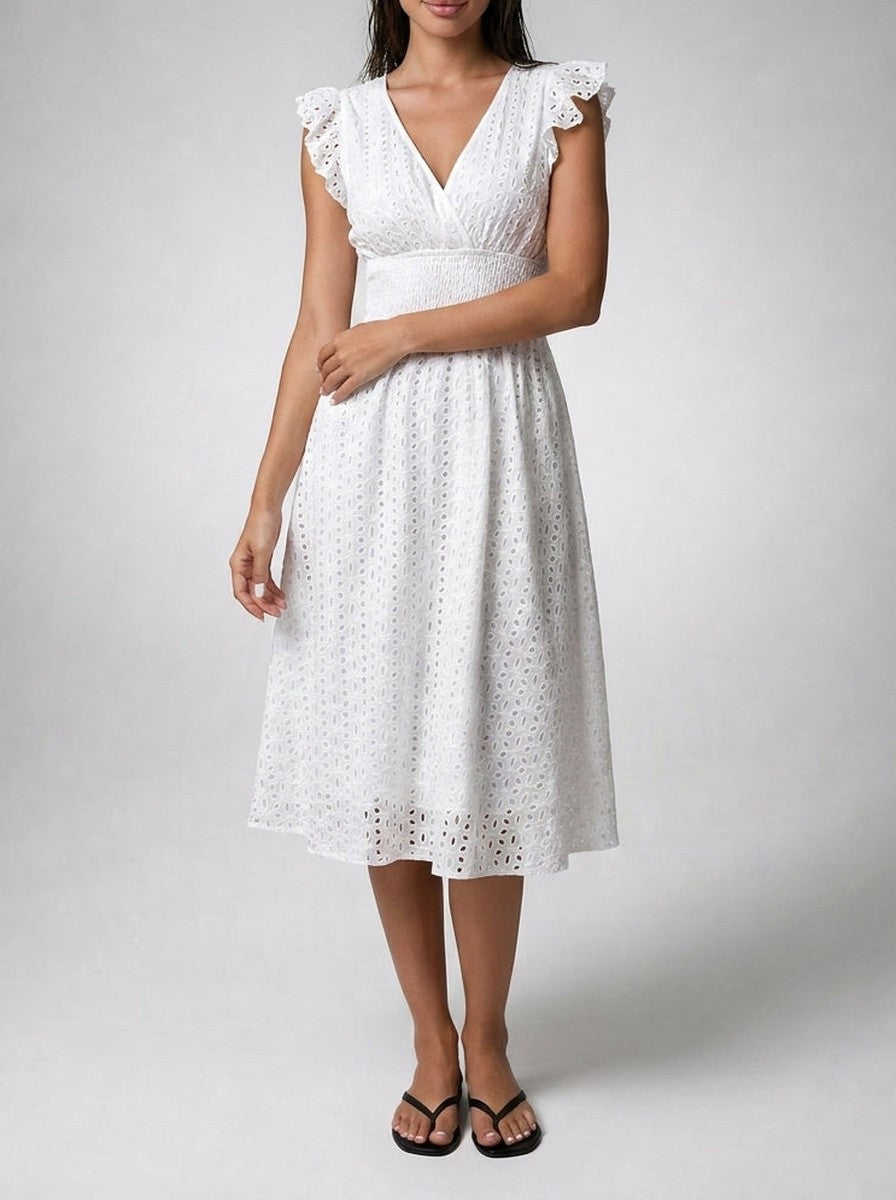 Women's Midi Dress with Broderie Anglaise – V-Neck and Short Ruffled Sleeves