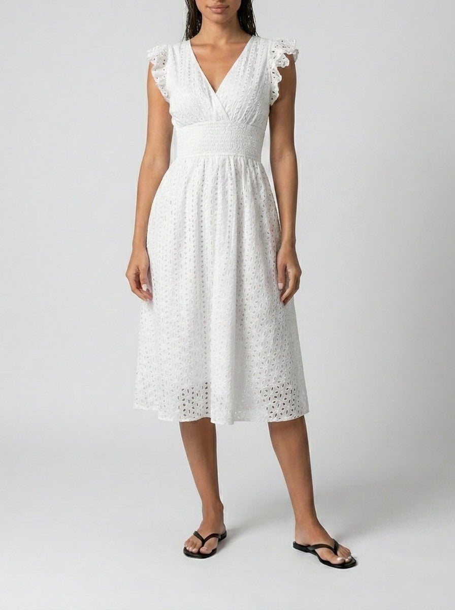 Women's Midi Dress with Broderie Anglaise – V-Neck and Short Ruffled Sleeves