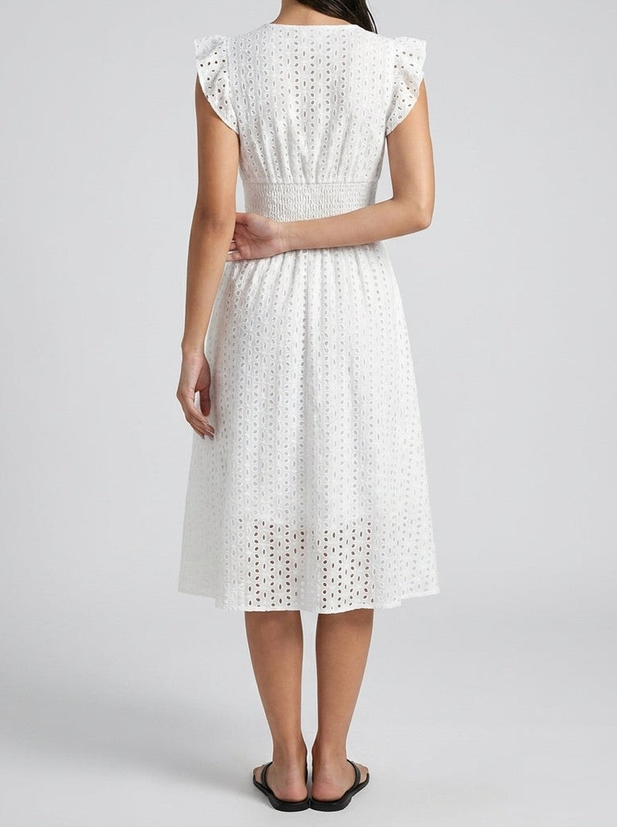 Women's Midi Dress with Broderie Anglaise – V-Neck and Short Ruffled Sleeves