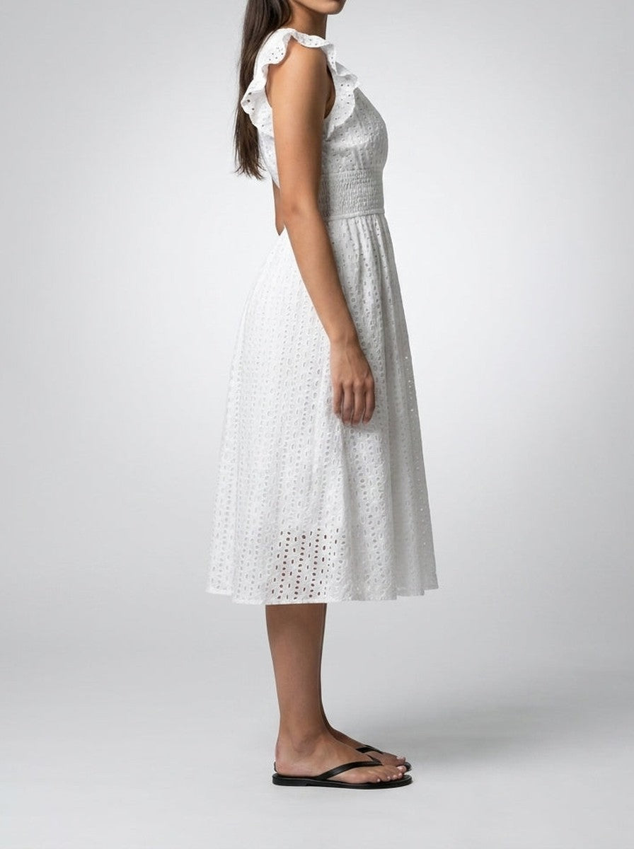 Women's Midi Dress with Broderie Anglaise – V-Neck and Short Ruffled Sleeves