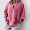 Women's Buttoned Linen-Blend Blouse – V-Neck and Roll-Up Sleeves