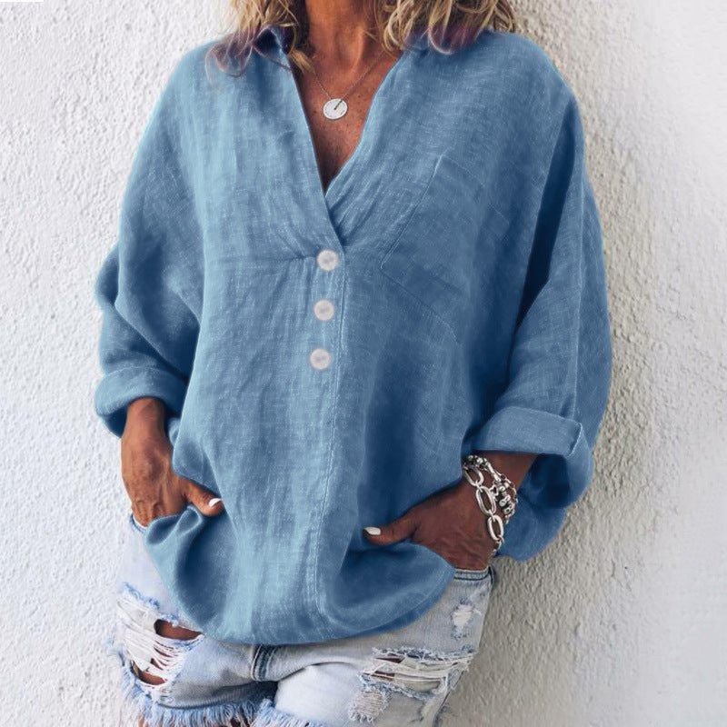 Women's Buttoned Linen-Blend Blouse – V-Neck and Roll-Up Sleeves