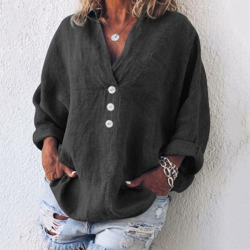 Women's Buttoned Linen-Blend Blouse – V-Neck and Roll-Up Sleeves