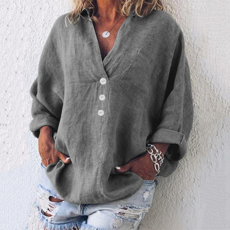 Women's Buttoned Linen-Blend Blouse – V-Neck and Roll-Up Sleeves