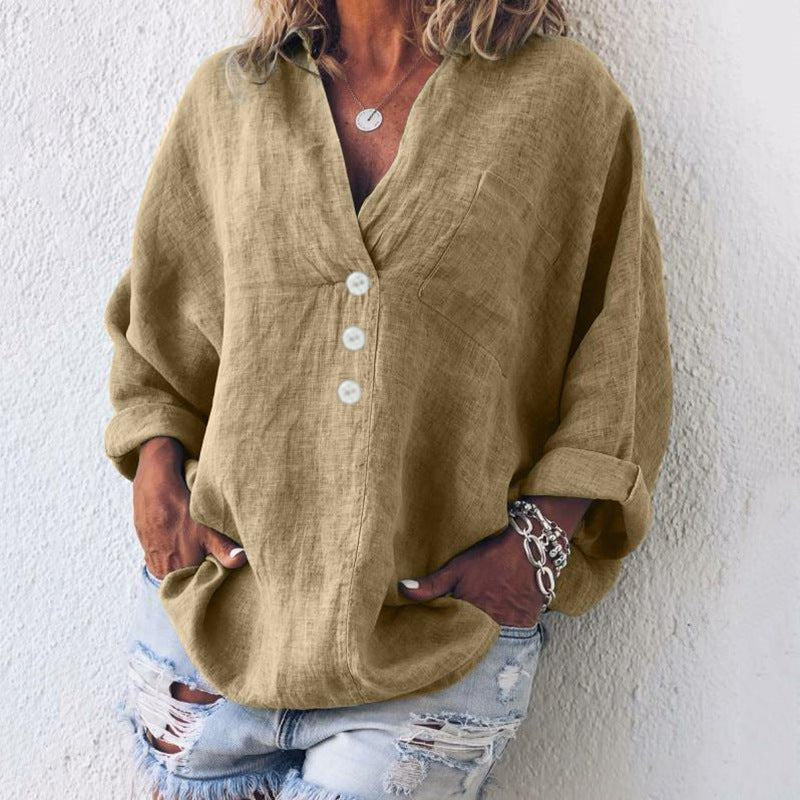 Women's Buttoned Linen-Blend Blouse – V-Neck and Roll-Up Sleeves