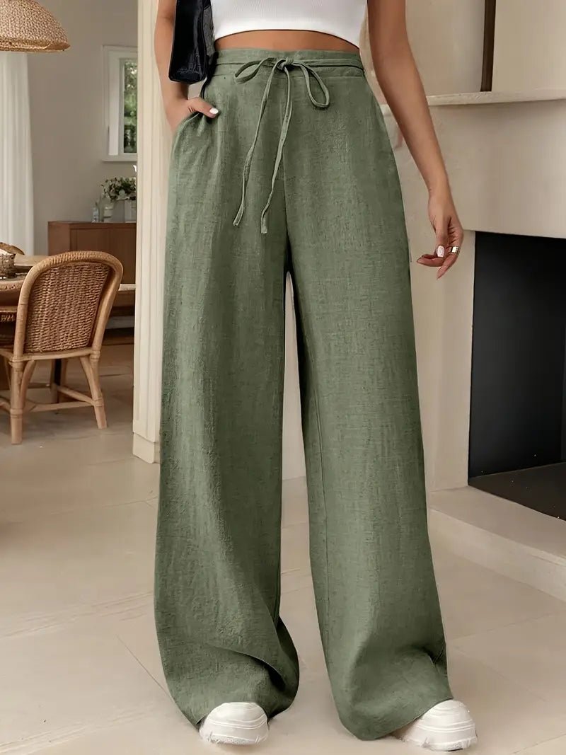 Women's Cotton Wide-Leg Trousers – High Waist with Drawstring