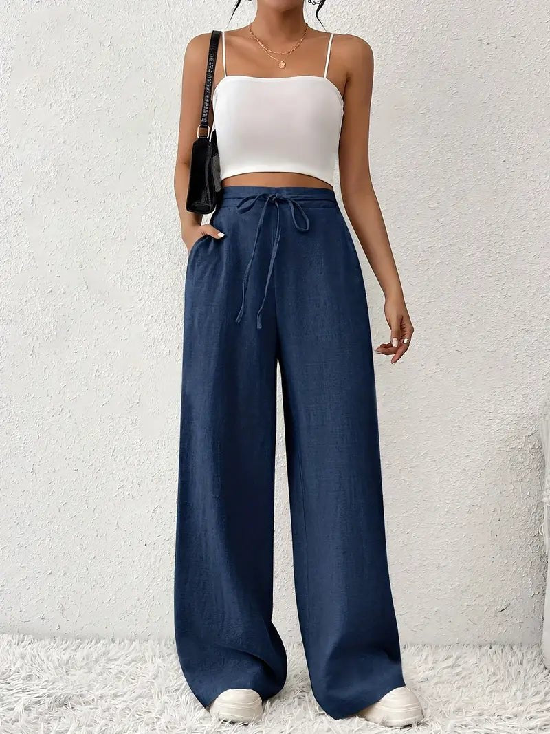 Women's Cotton Wide-Leg Trousers – High Waist with Drawstring