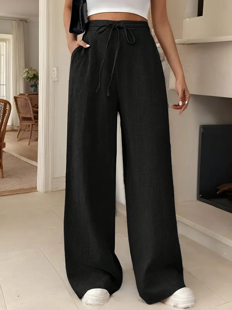 Women's Cotton Wide-Leg Trousers – High Waist with Drawstring