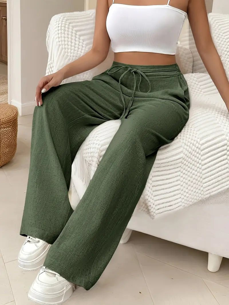 Women's Cotton Wide-Leg Trousers – High Waist with Drawstring
