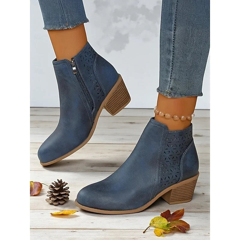 Women's Low-Heel Ankle Boots – Modern Cutouts and Side Zip