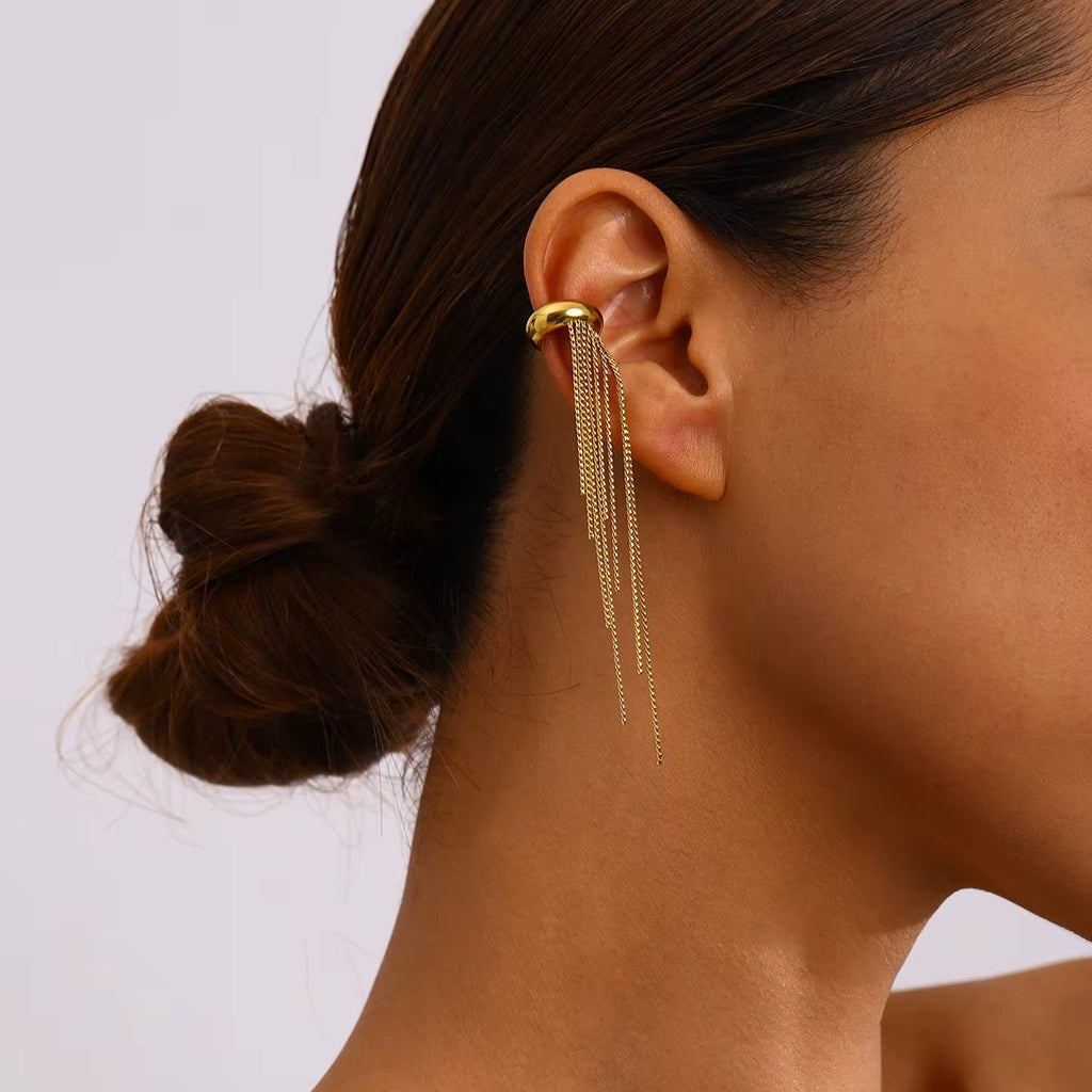 Women's stainless steel tassel ear cuff – Long statement drop