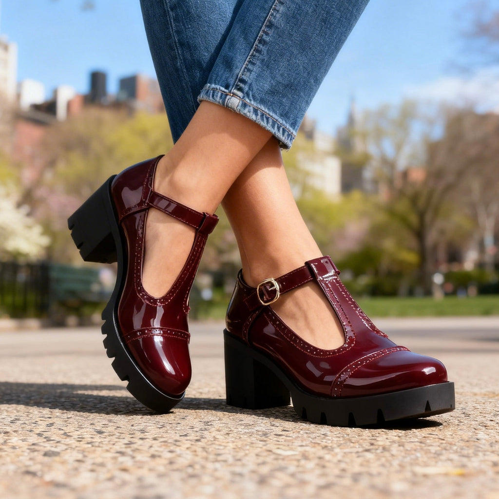 Women's Mary Jane Shoes with T-Strap and Block Heel – Elegant Retro Style