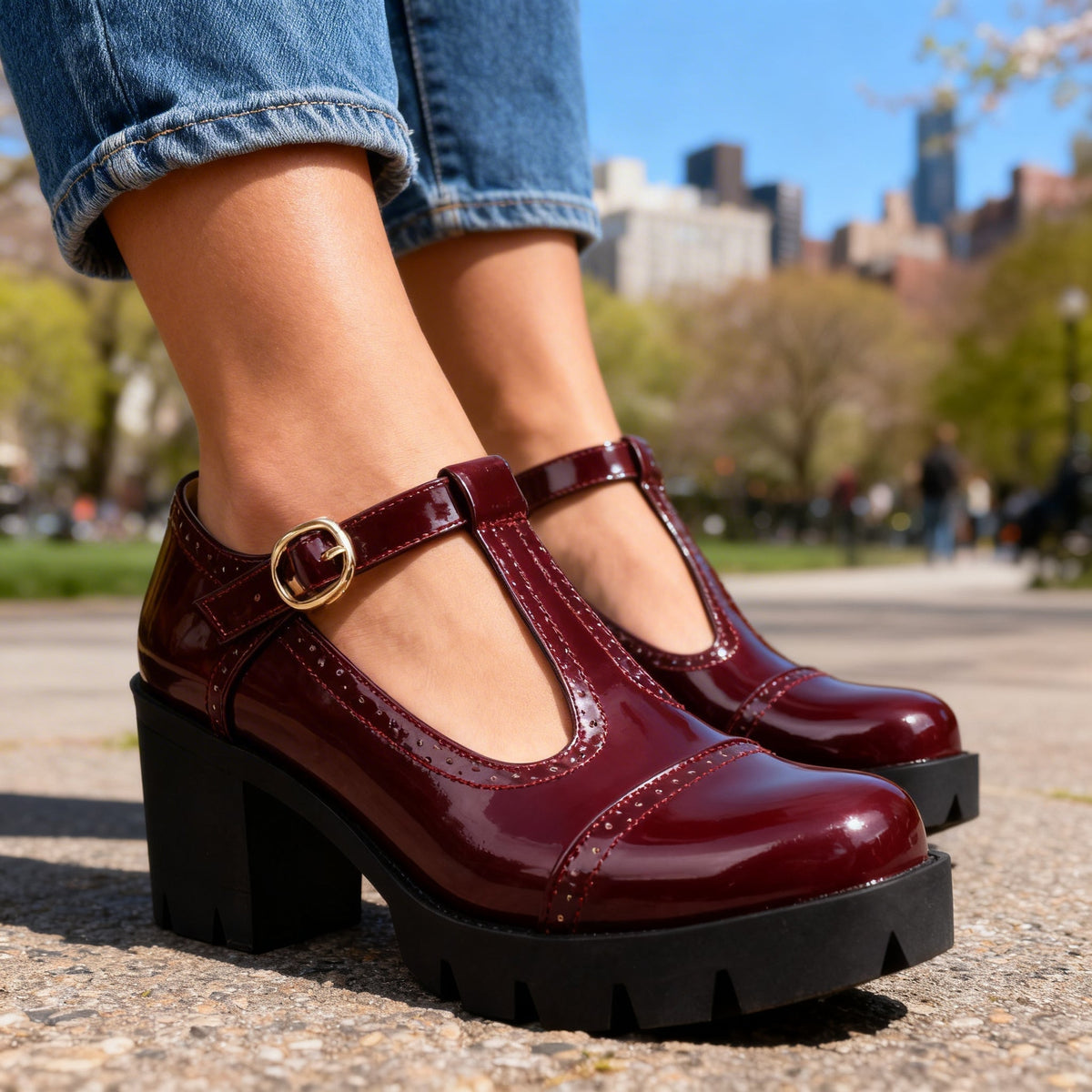 Women's Mary Jane Shoes with T-Strap and Block Heel – Elegant Retro Style